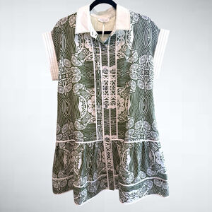 Entro Boho Geometric Print Mini Dress in Olive/Cream Size S